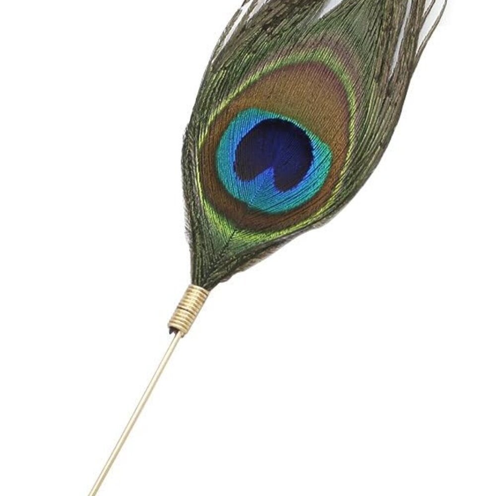 Fab Faux Peacock Feather Plume Boutonniere Golden Color Lapel Brooch Tie Hat Sca